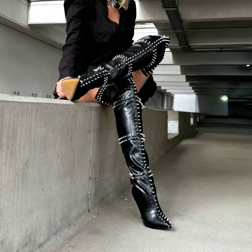 Glossy Patent Leather Rivet Thigh-High Stiletto Boots