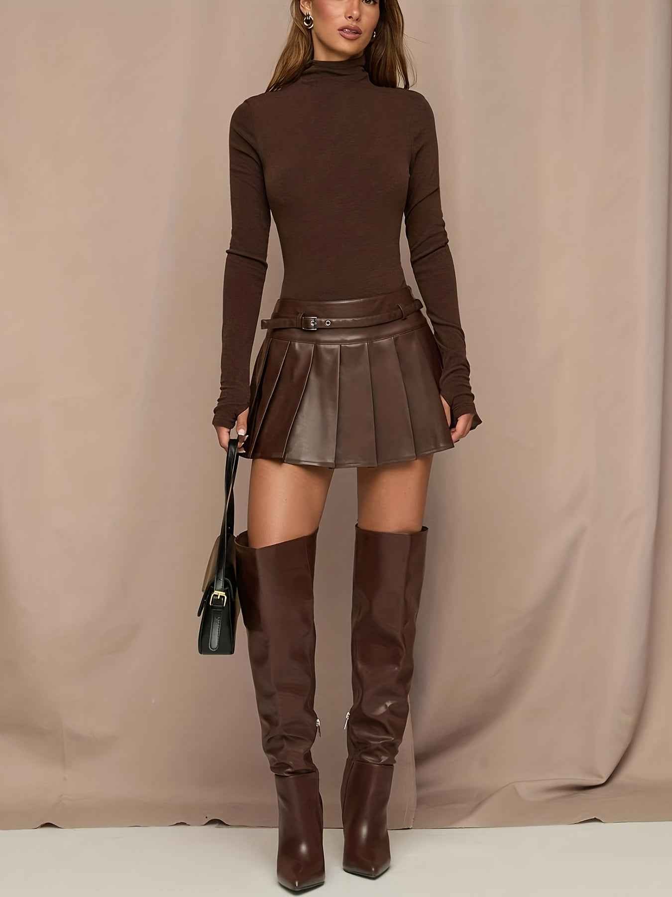 Brown PU Leather Slim-Fit Short Pleated Belted Mini Skirt