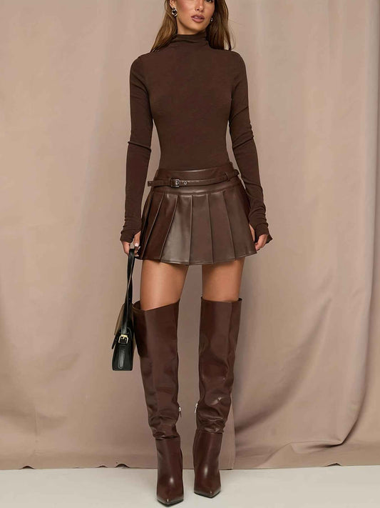 Brown PU Leather Slim-Fit Short Pleated Belted Mini Skirt