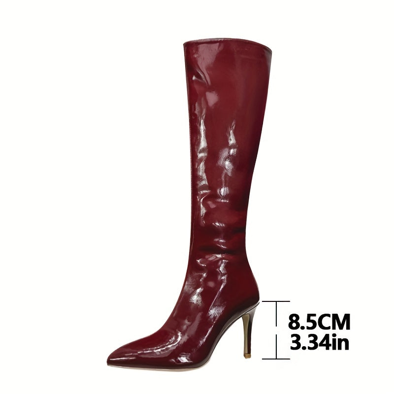 Burgundy Red Patent Leather Knee High Boots