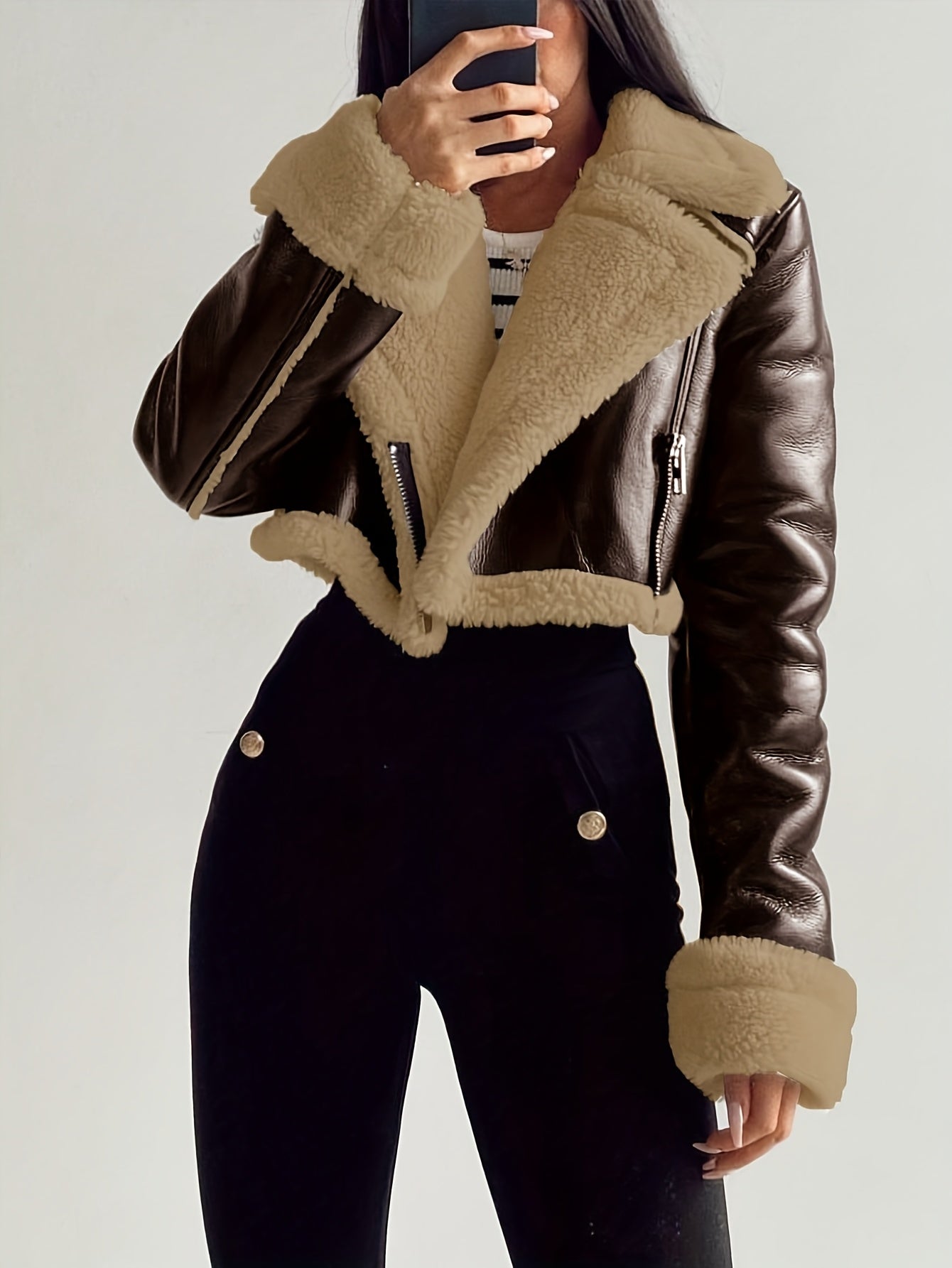 Teddy Lined Pleather Jacket with Turnover Sleeves