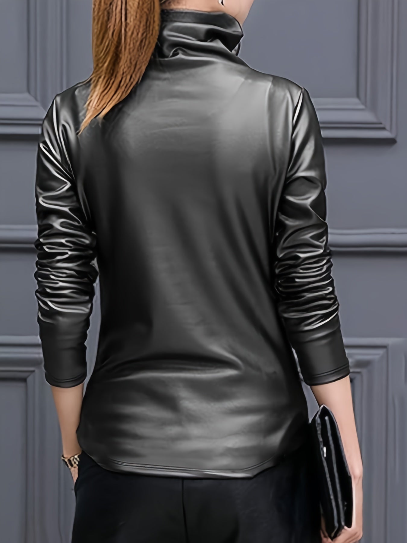 Mock Neck Faux Leather Casual Long Sleeve Sweatshirt - Your Shiny Clothes