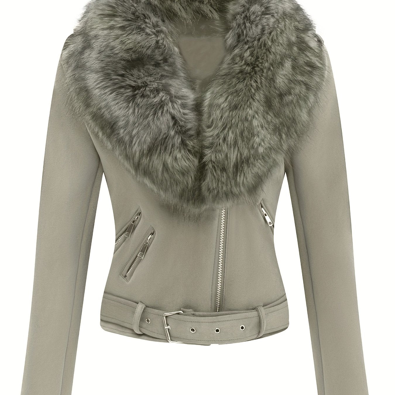 Faux Suede Short Jacket with Faux Fur Collar