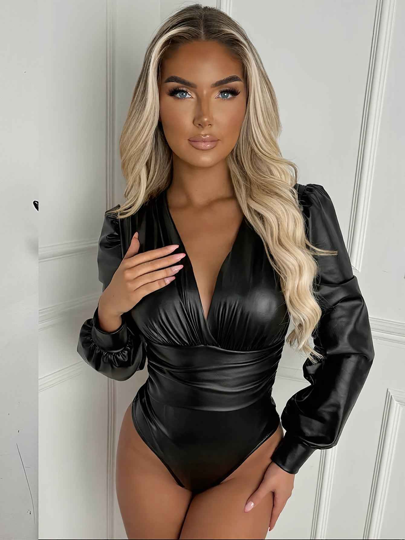 Deep V-Neck Long Sleeve Bodycon Jumpsuit