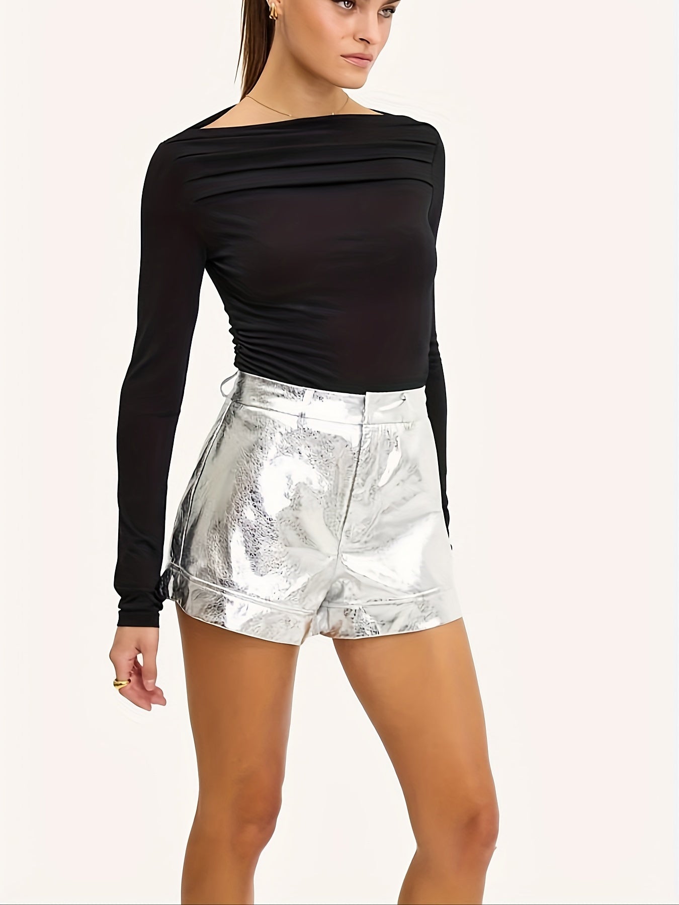 Metallic Colour PU Leather High Waist Shorts