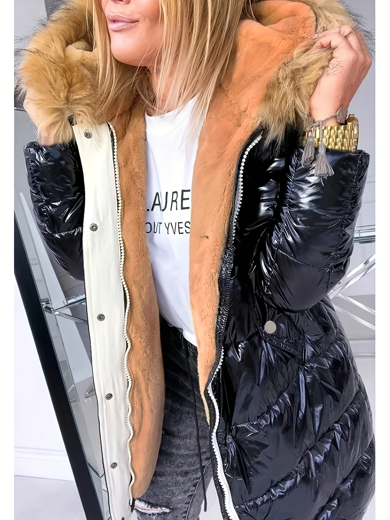 Long Puffer Coat with Faux Fur Hood