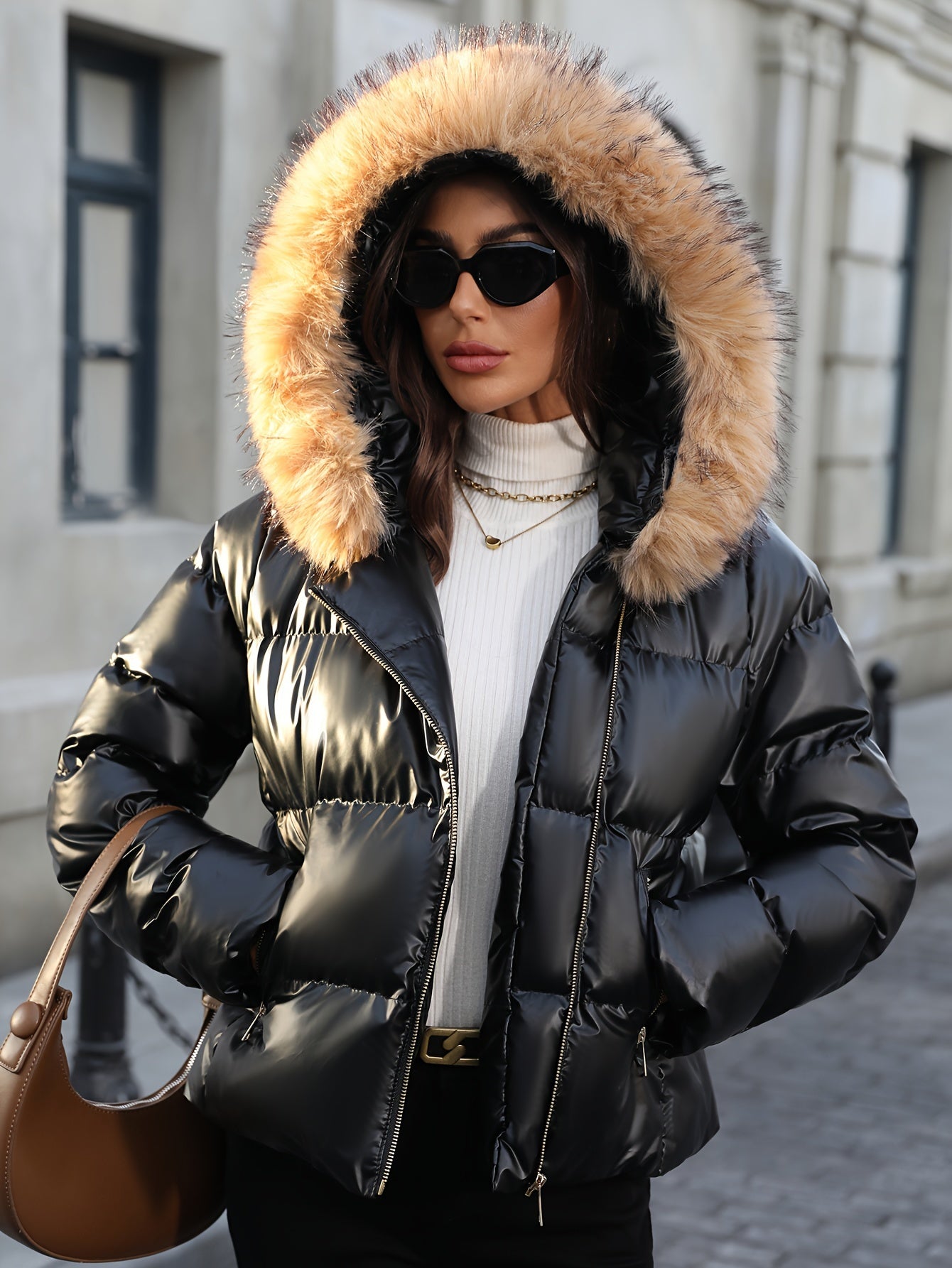 Puffer Coat with Faux Fur Hood