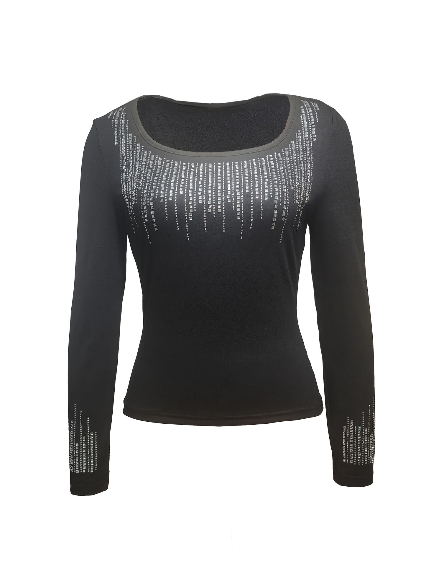 Long Sleeve Spandex Knit Fabric Rhinestone Embellished Top