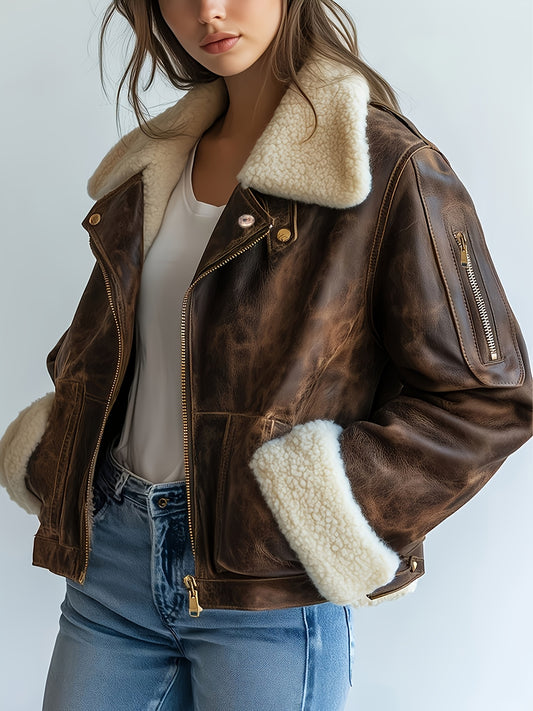 Brown Synthetic Leather Jacket with Faux Fur Lined Hood and Zippered Pockets
