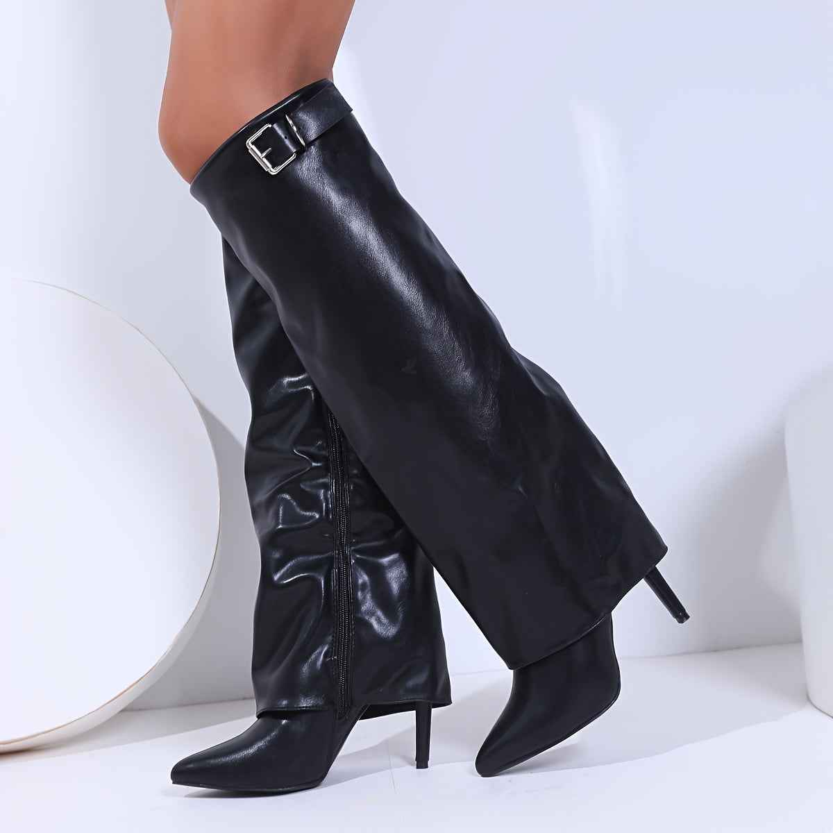 Faux Leather Pointed-Toe Stiletto Knee-High Boots
