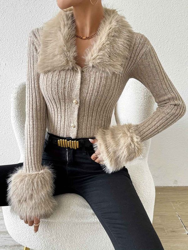 Faux Fur Laple Button Front Cardigan