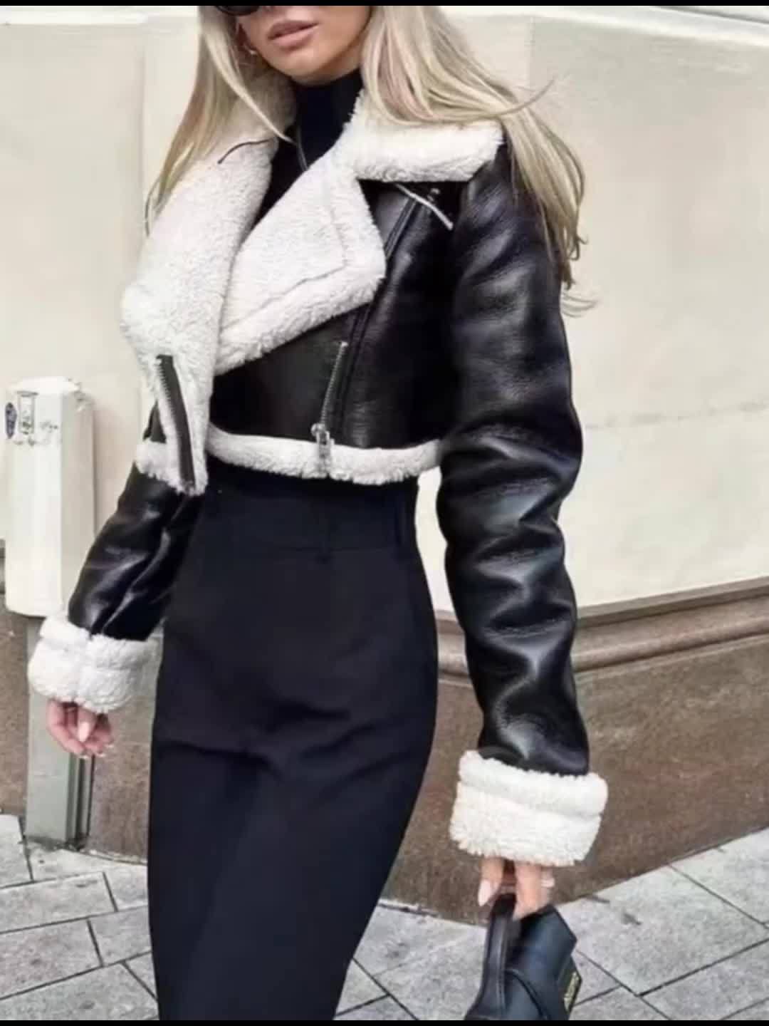 Teddy Lined Pleather Jacket with Turnover Sleeves