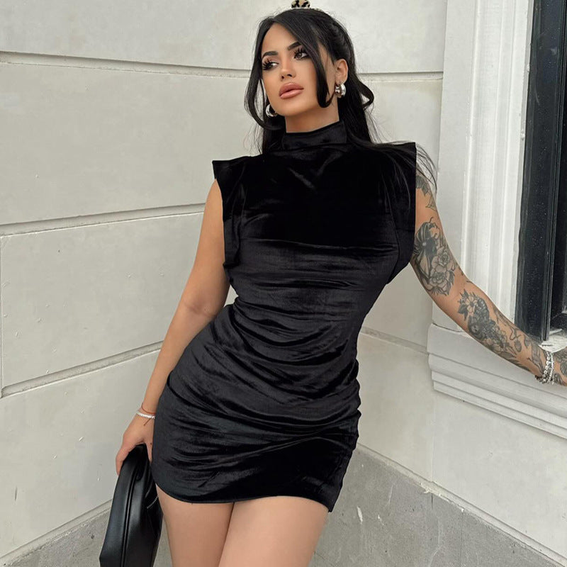 Faux Suede Turtleneck Flounce Sleeve Sheath Dress