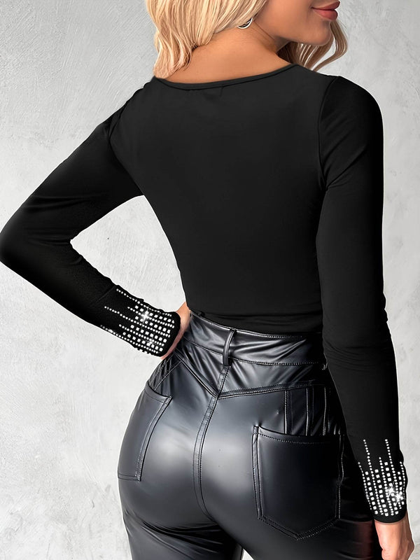 Long Sleeve Spandex Knit Fabric Rhinestone Embellished Top - Your Shiny Clothes