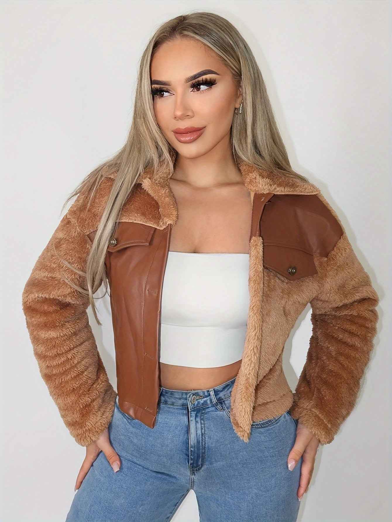 Cropped Faux Leather & Teddy Jacket with Button Front