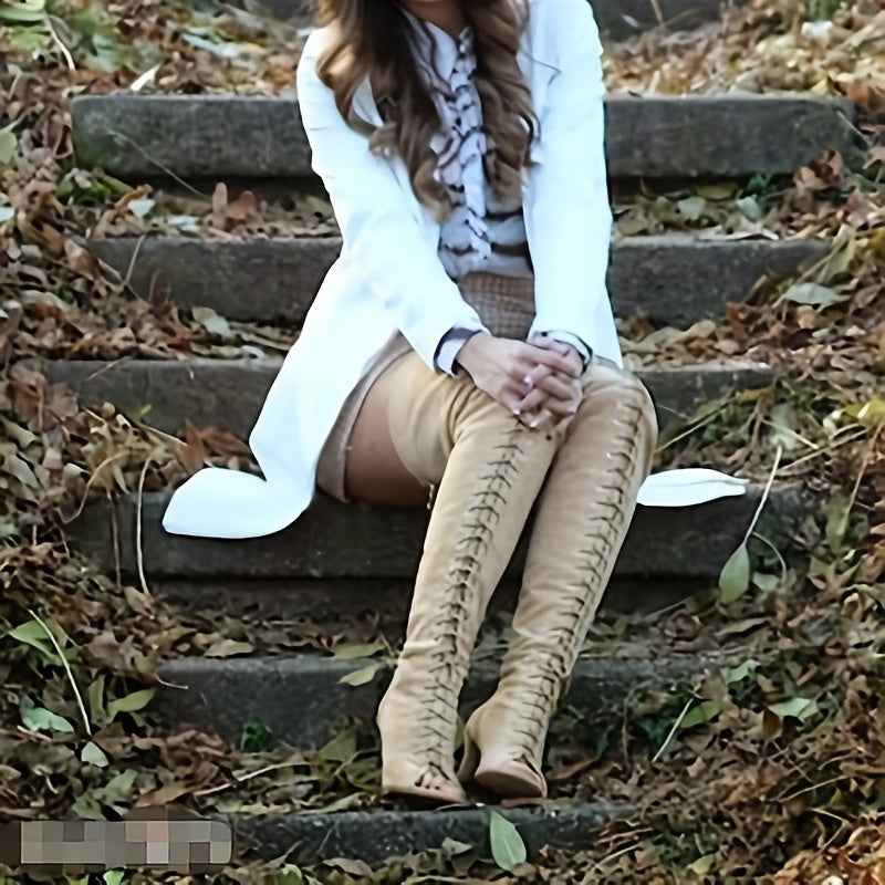 Faux Suede Thigh-High Lace-Up Boots – 12cm Stiletto