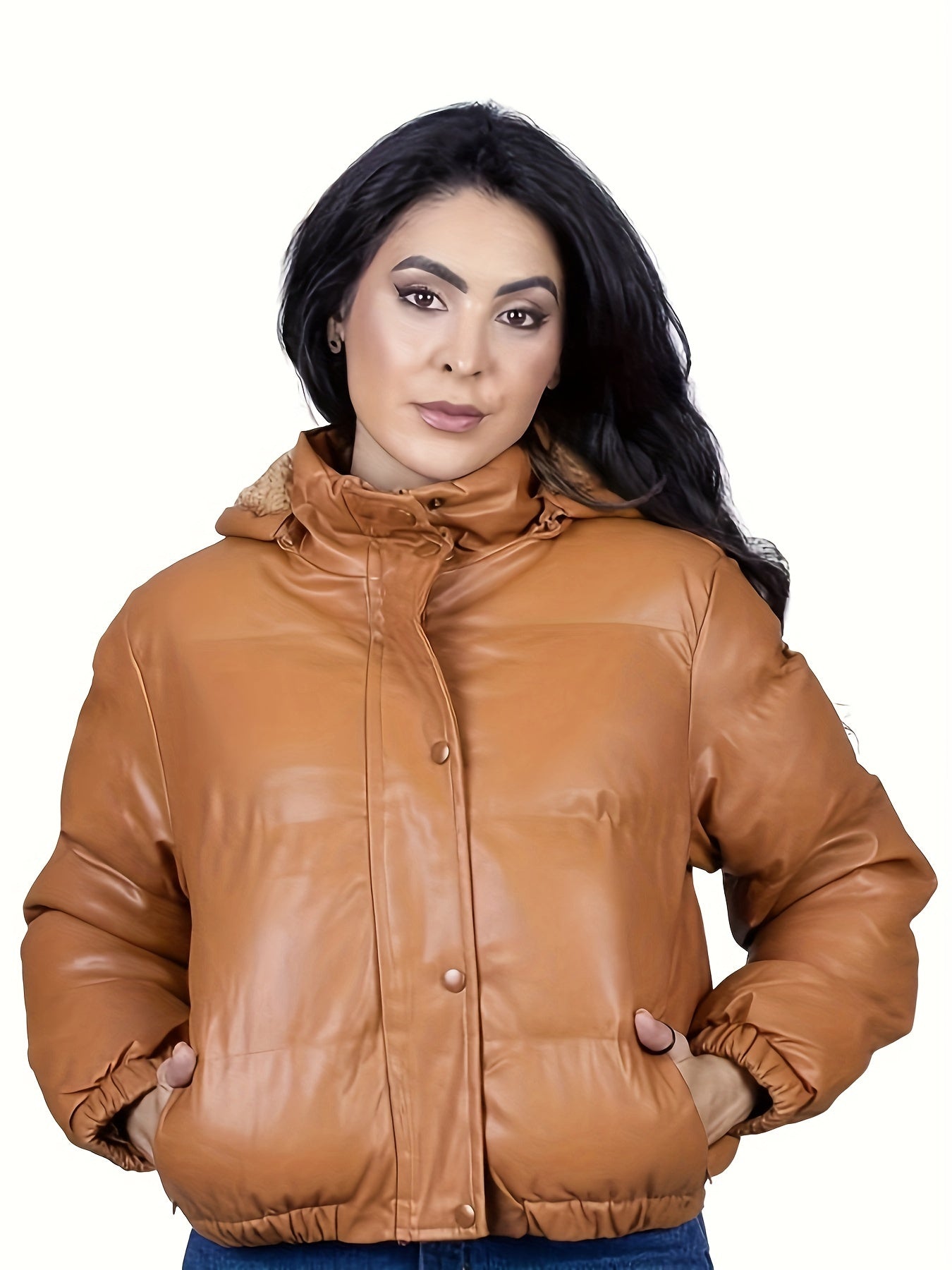 Solid Colour PU Leather Hooded Jacket