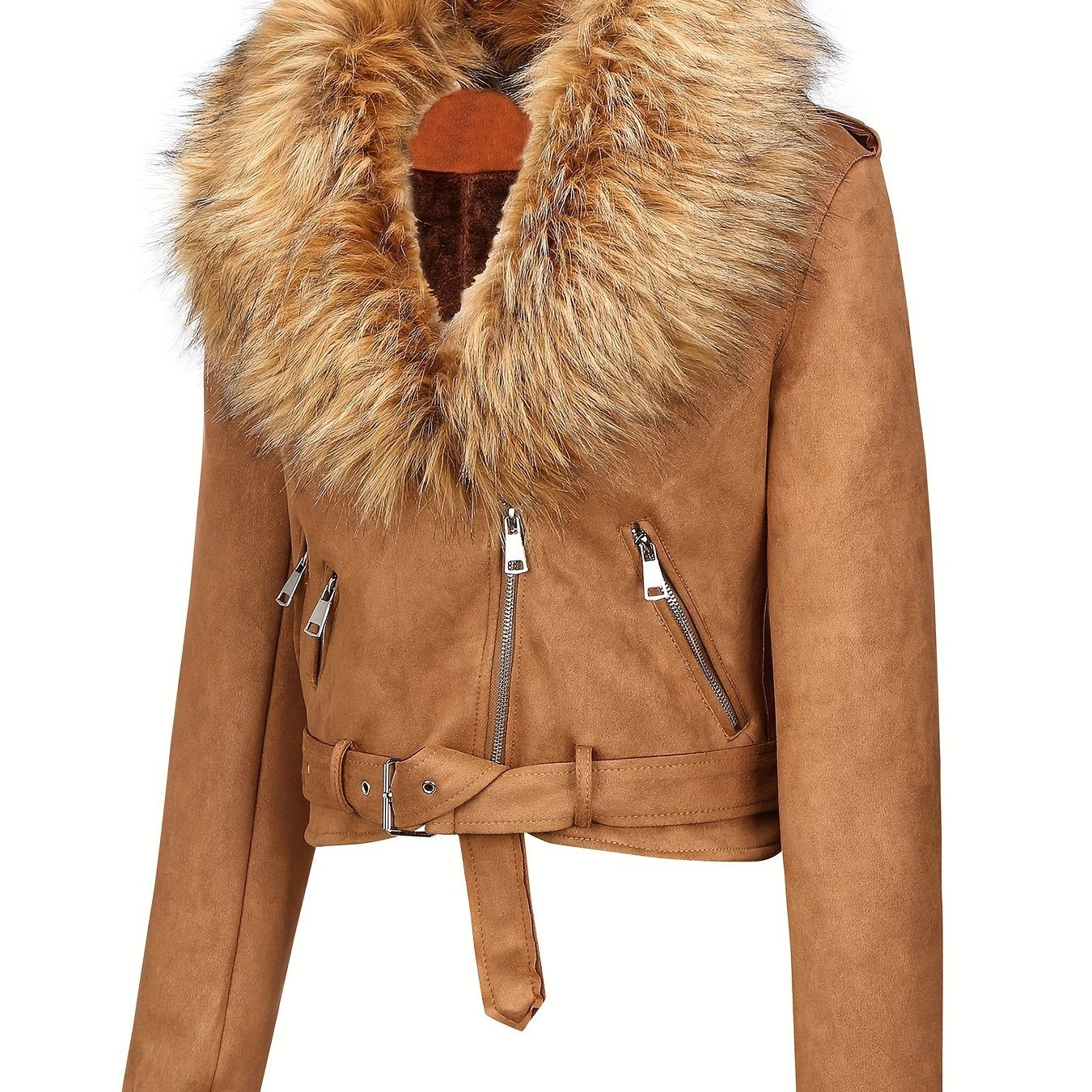 Faux Suede Short Jacket with Faux Fur Collar