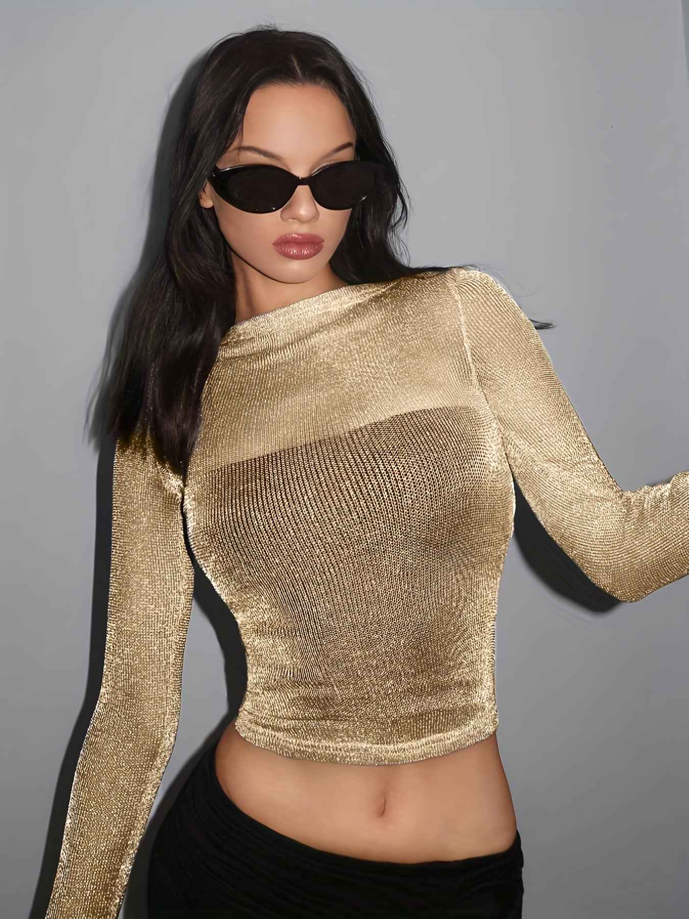 High Elasticity Semi-Sheer Long Sleeve Top