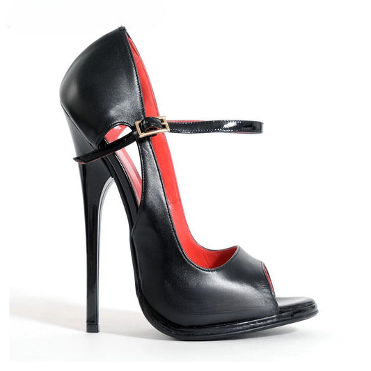 Black Faux Leather Extreme High Heels Peep Toe Pumps