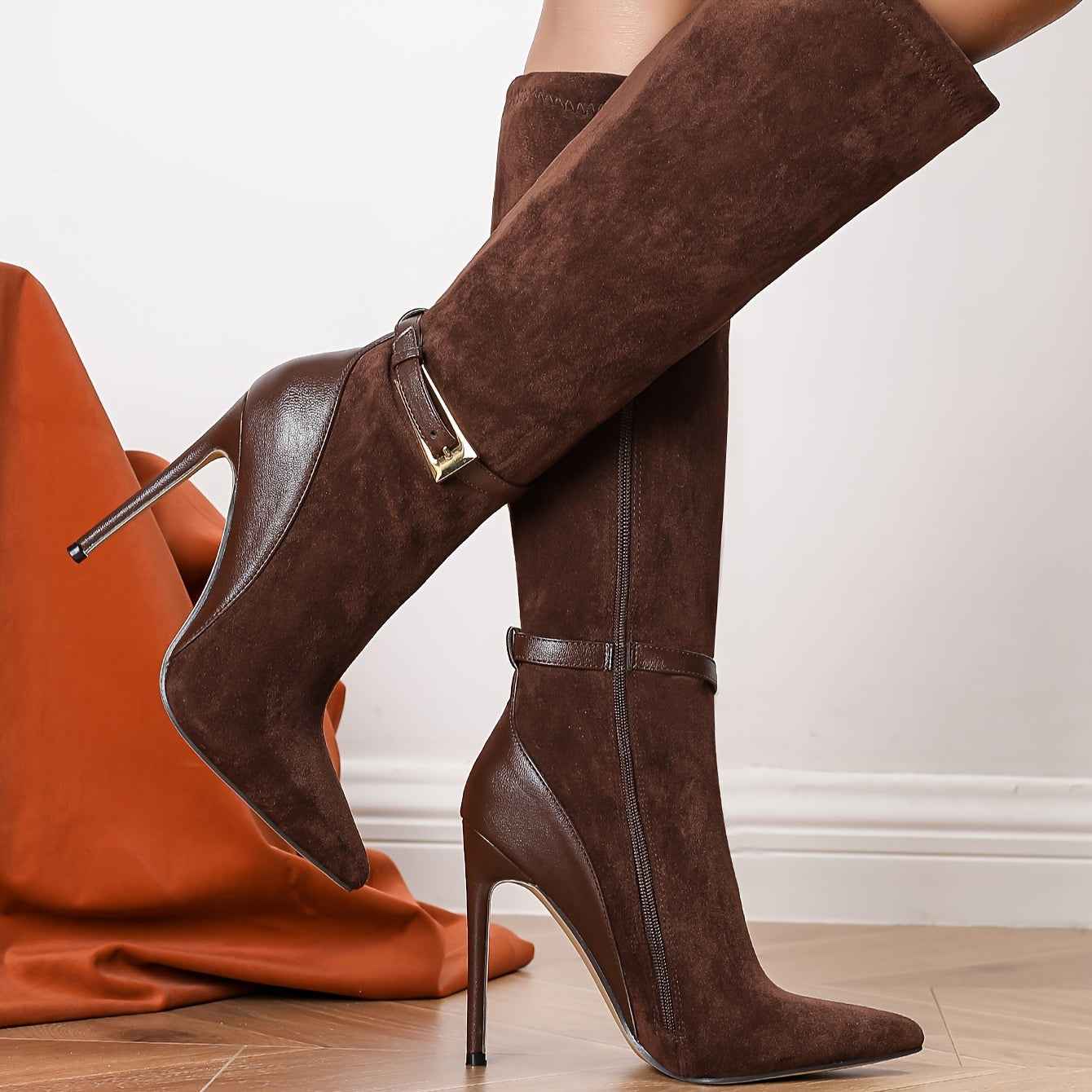 Faux Suede Brown Knee-High Stiletto Boots with Faux Leather Heel