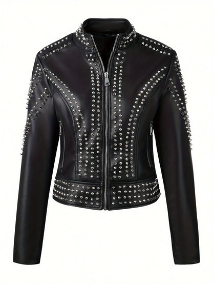 Faux Leather Rivet Decor Zipper Jacket - Your Shiny Clothes