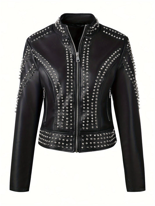 Faux Leather Rivet Decor Zipper Jacket