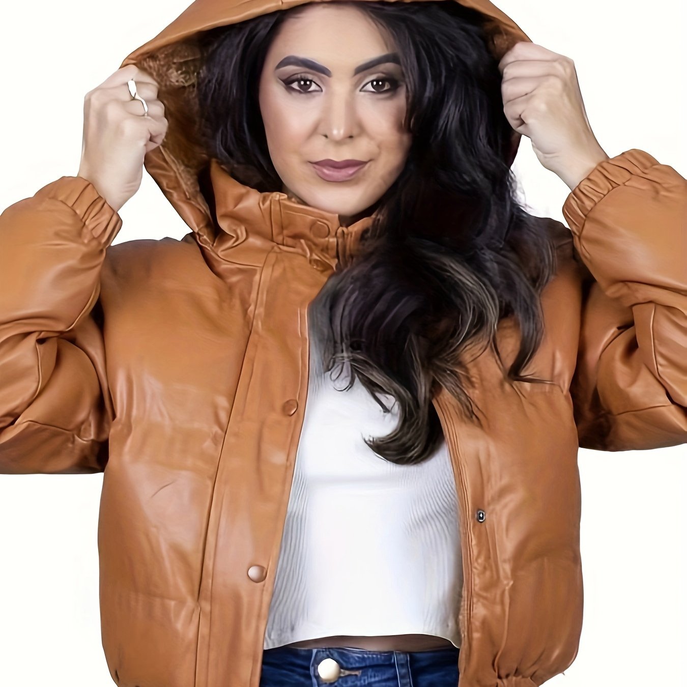 Solid Colour PU Leather Hooded Jacket