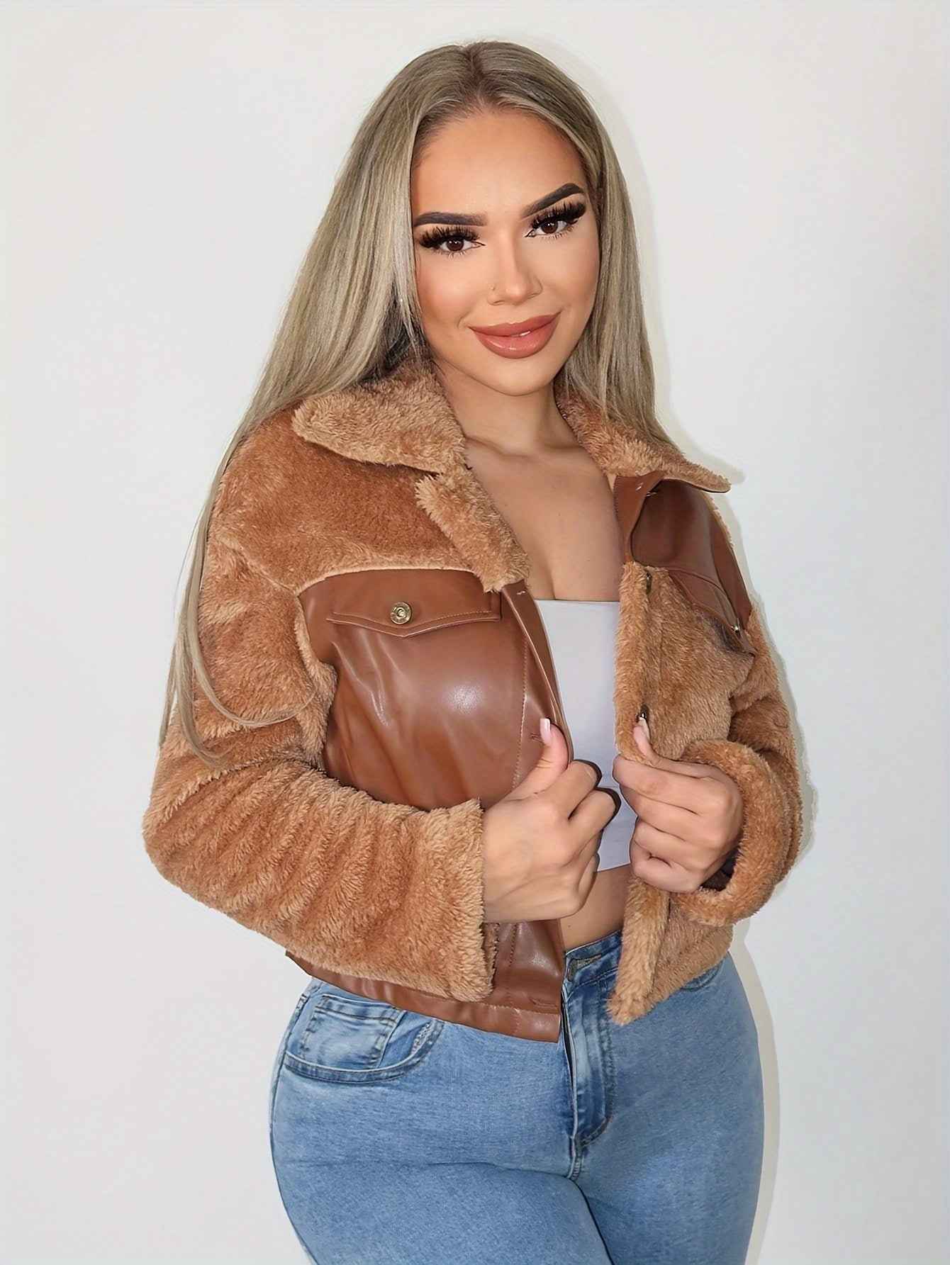 Cropped Faux Leather & Teddy Jacket with Button Front