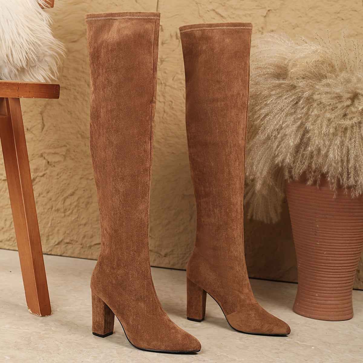 Brown Velvet Suedelike Over-the-Knee Boots