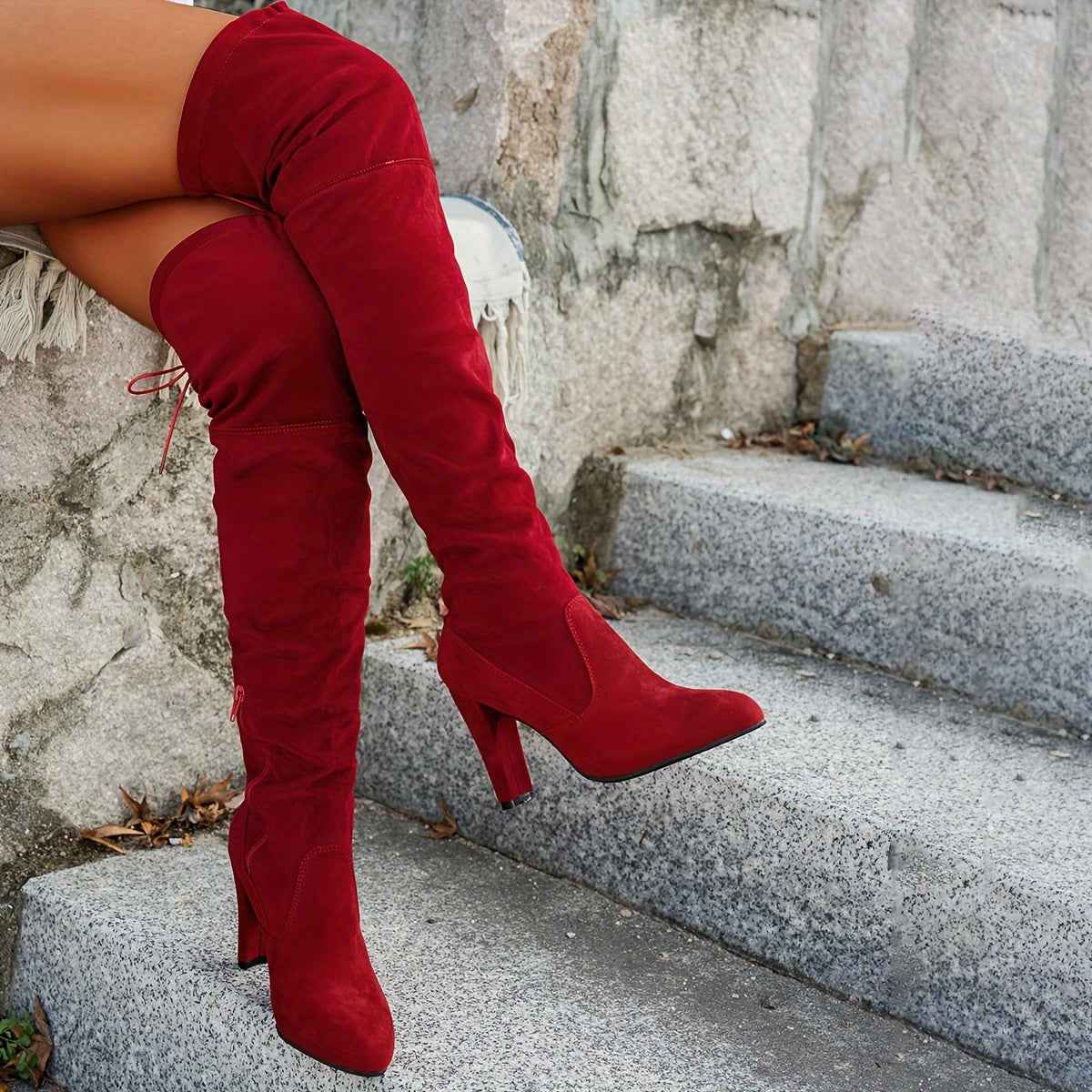 Solid Color Faux Suede Side Zipper Over-the-Knee Boots