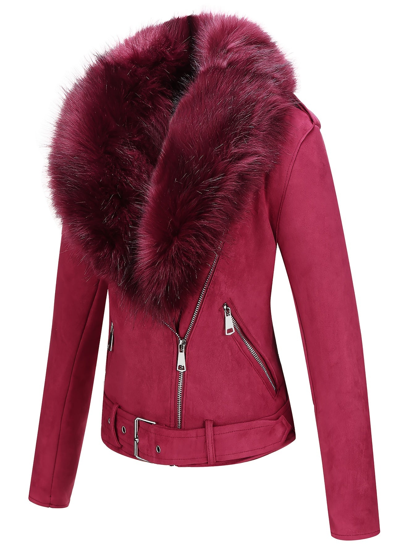 Faux Suede Short Jacket with Faux Fur Collar