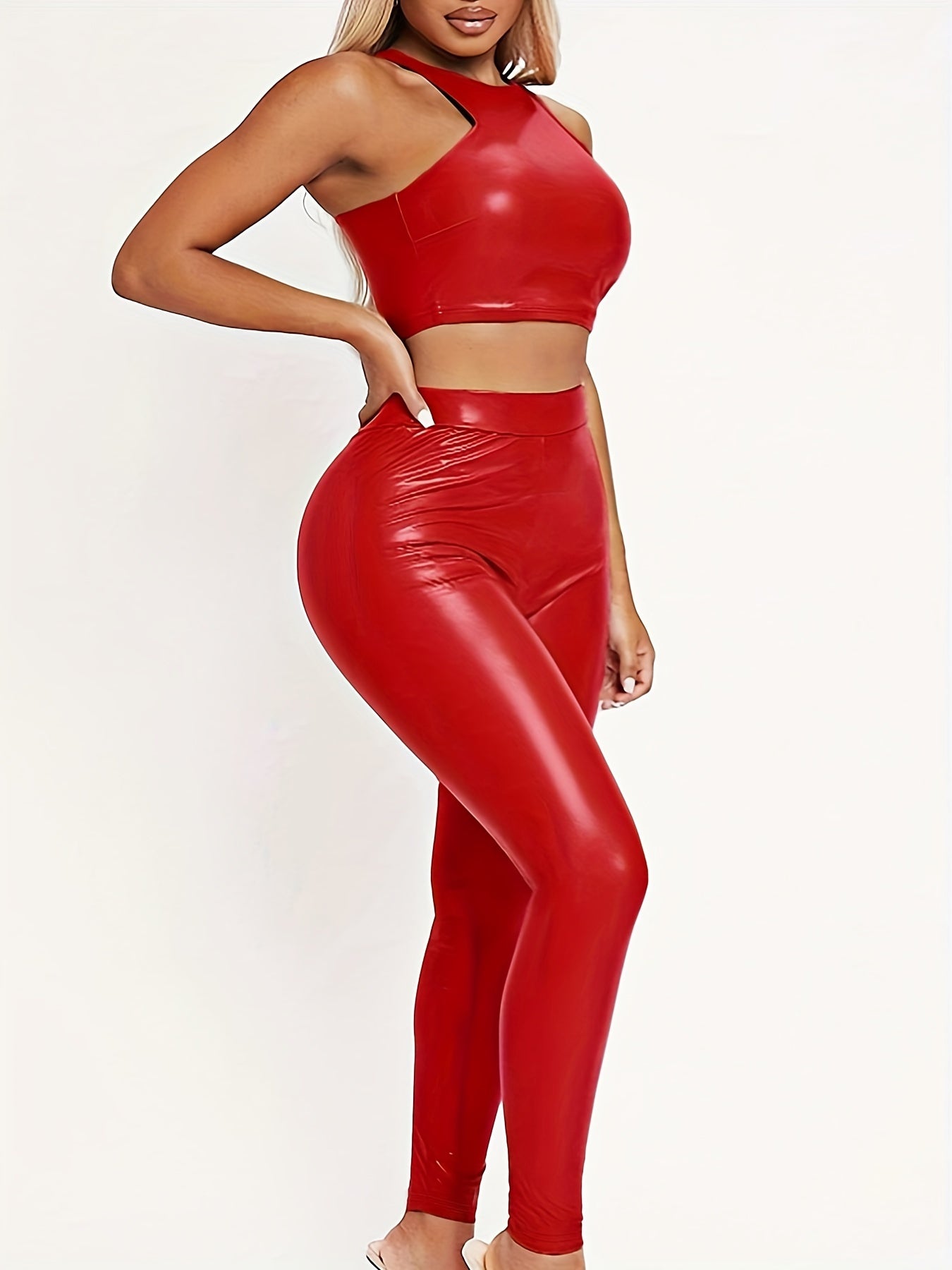 Faux Leather Crop Tank Top And Pants Set - Your Shiny Clothes