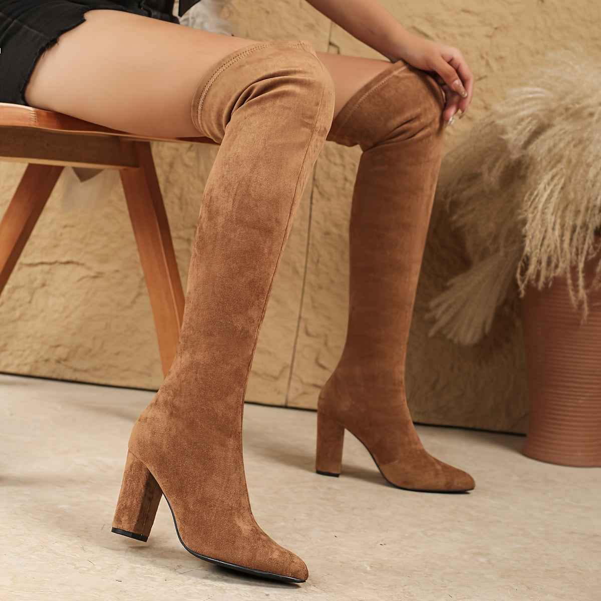Brown Velvet Suedelike Over-the-Knee Boots