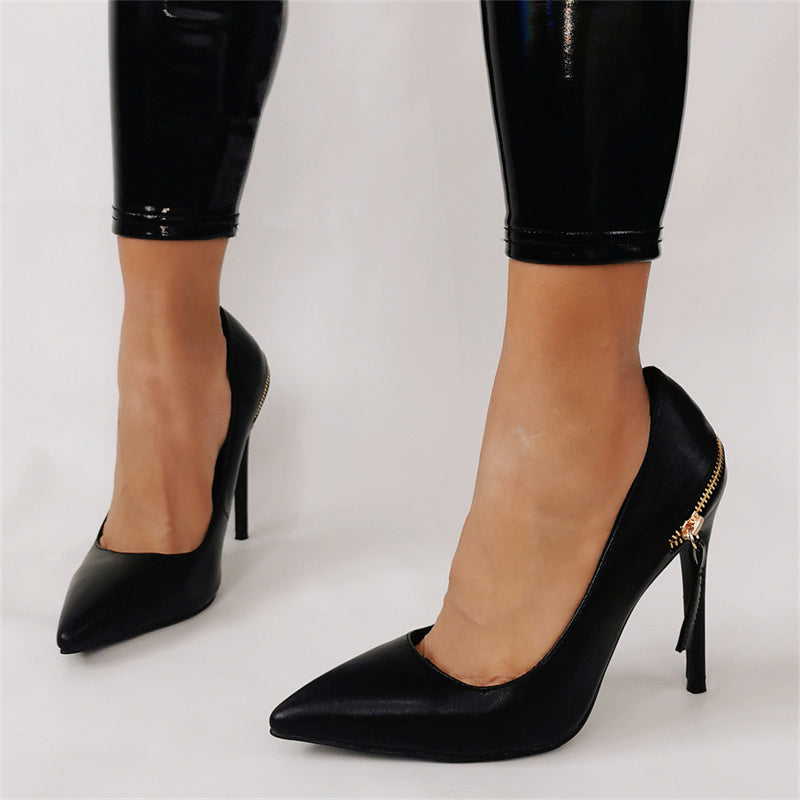 Black Faux Leather High Heel Pumps With Zip Detail