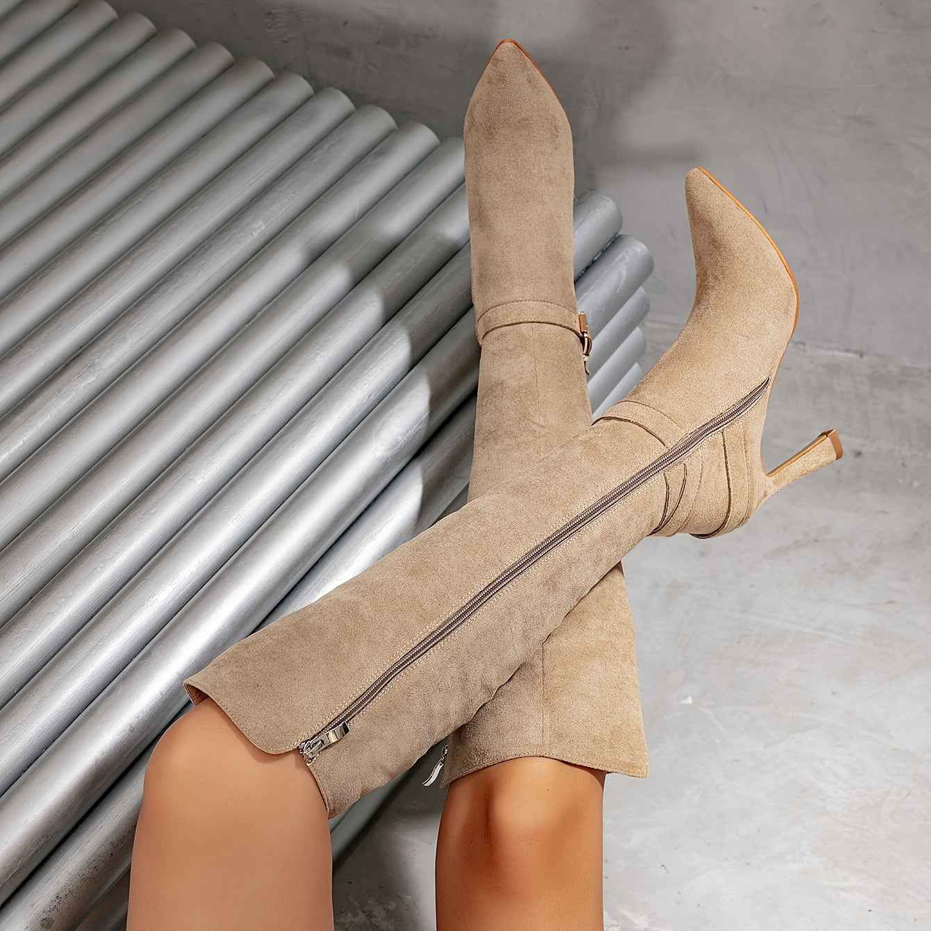 Faux Suede Pointed-Toe Stiletto Knee-High Boots