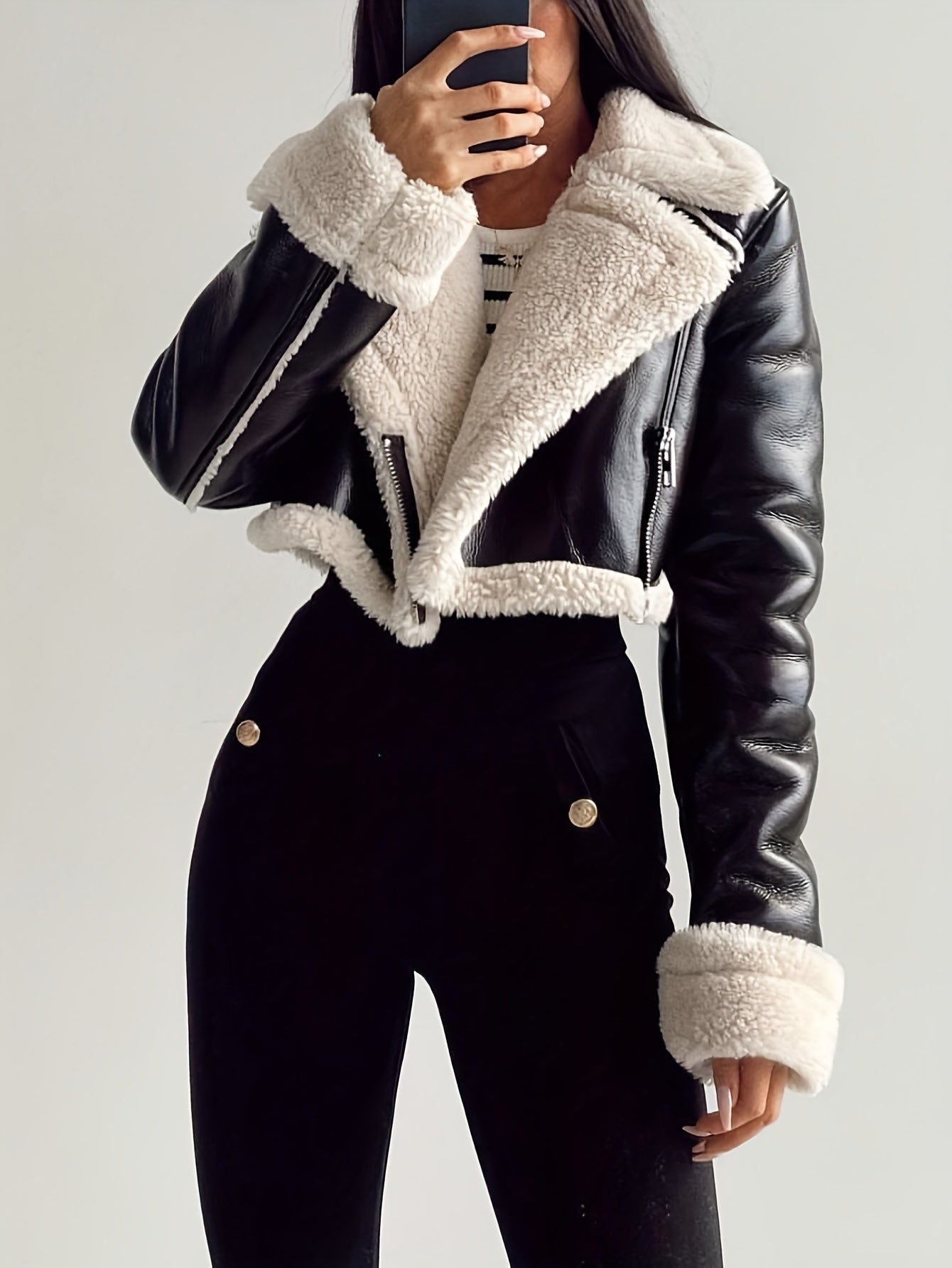 Teddy Lined Pleather Jacket with Turnover Sleeves