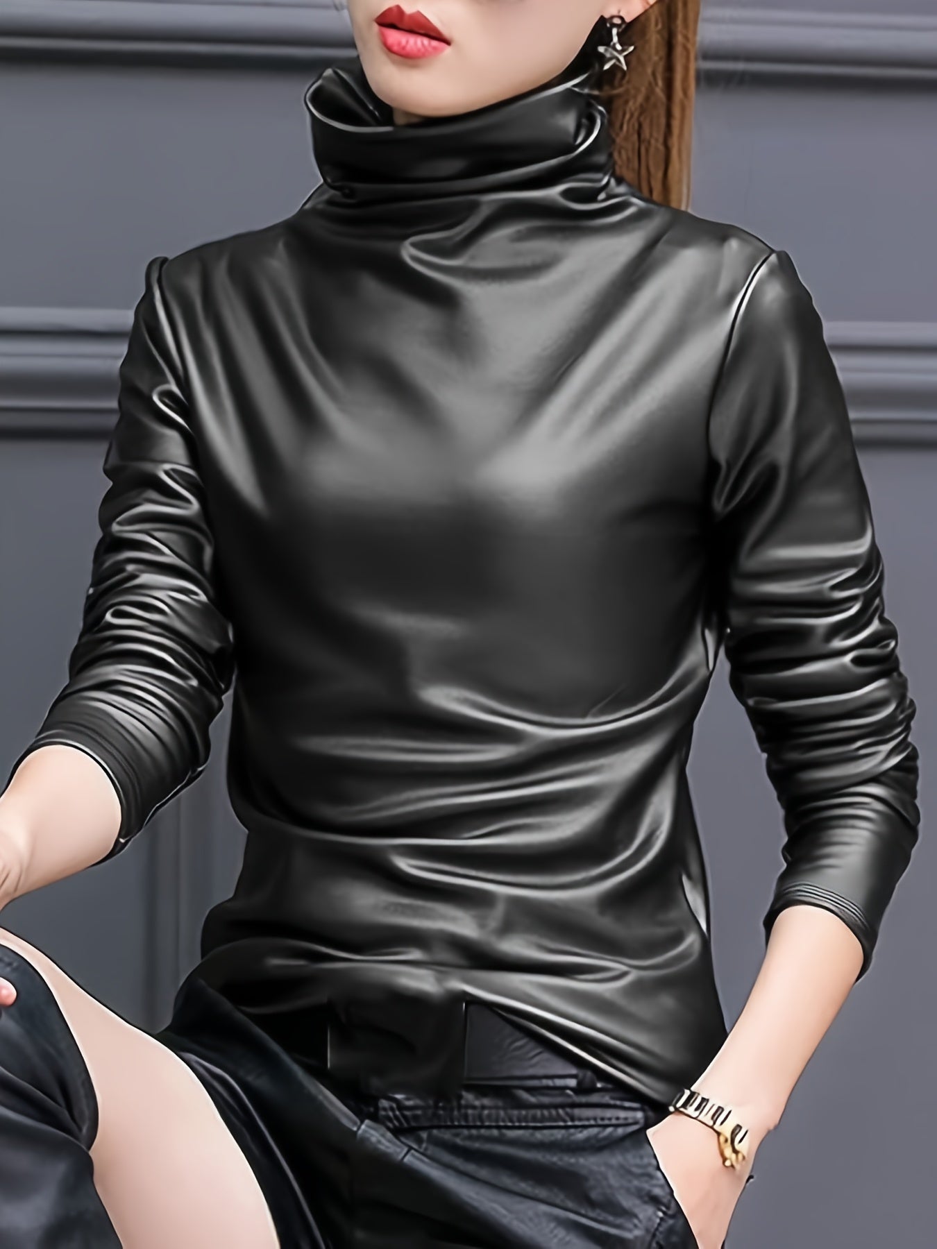 Mock Neck Faux Leather Casual Long Sleeve Sweatshirt - Your Shiny Clothes