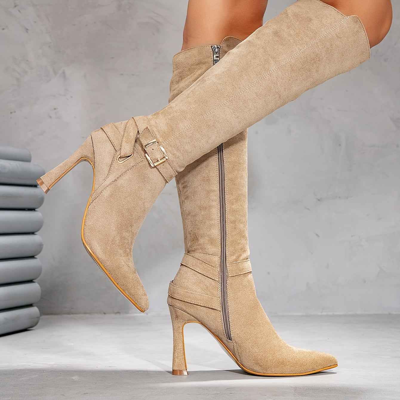 Faux Suede Pointed-Toe Stiletto Knee-High Boots