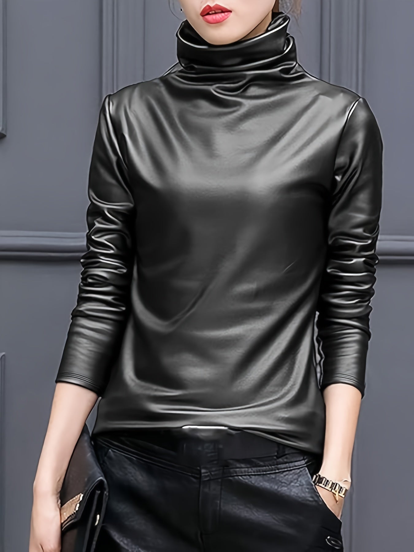 Mock Neck Faux Leather Casual Long Sleeve Sweatshirt - Your Shiny Clothes