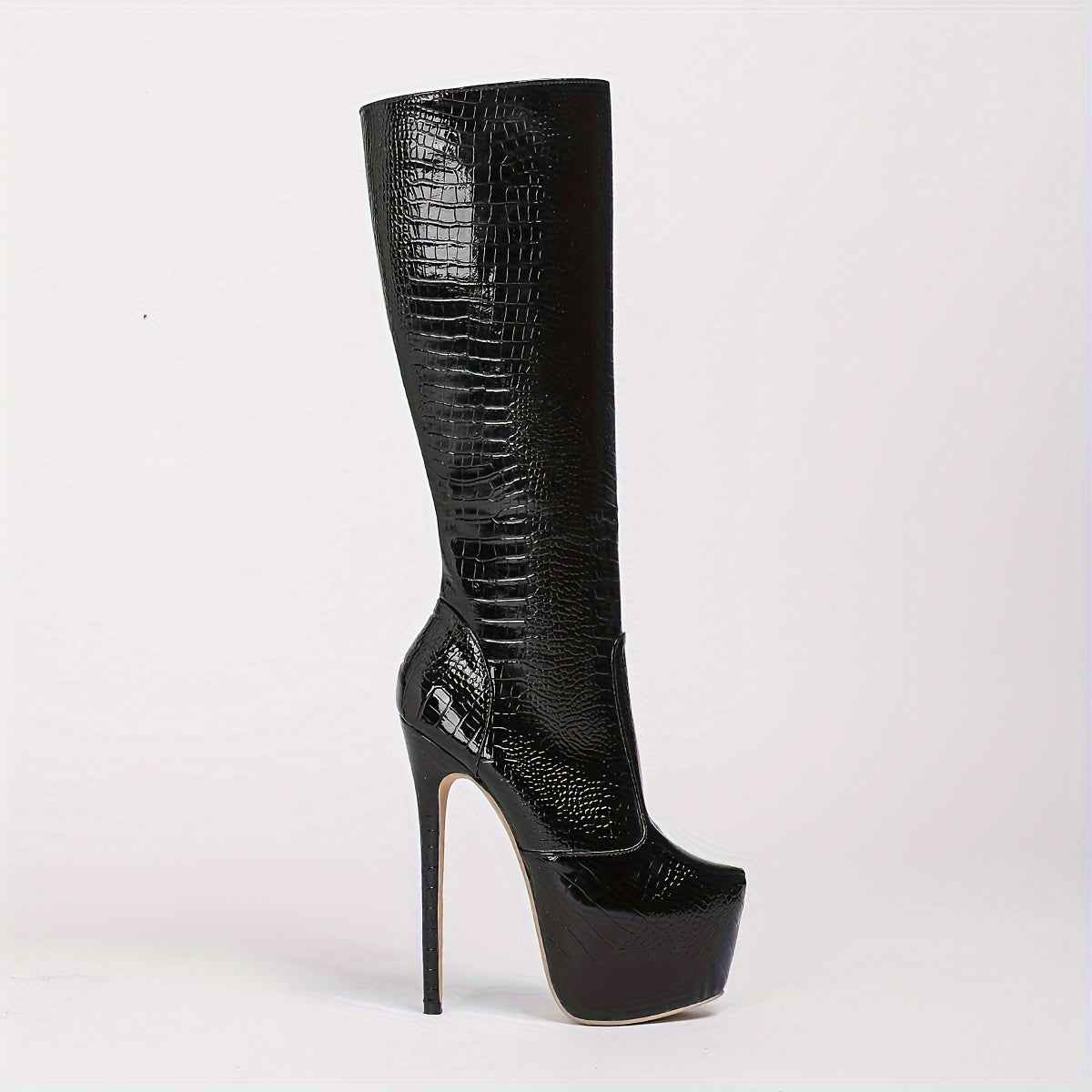 Patent Leather Crocodile-Embossed Long Boots – 17cm Stiletto Heel