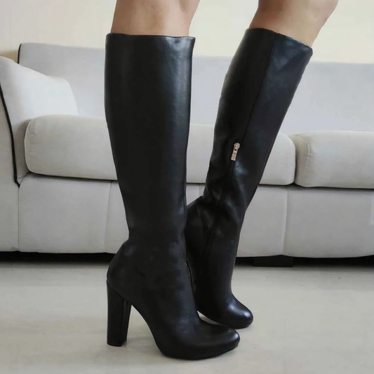 Faux Leather Knee-High Boots – Thick Heel & Zip Design