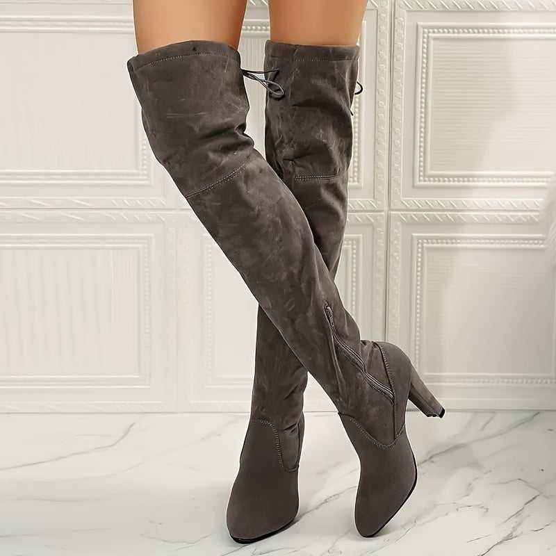 Block Heeled Faux Suede Over The Knee Boots