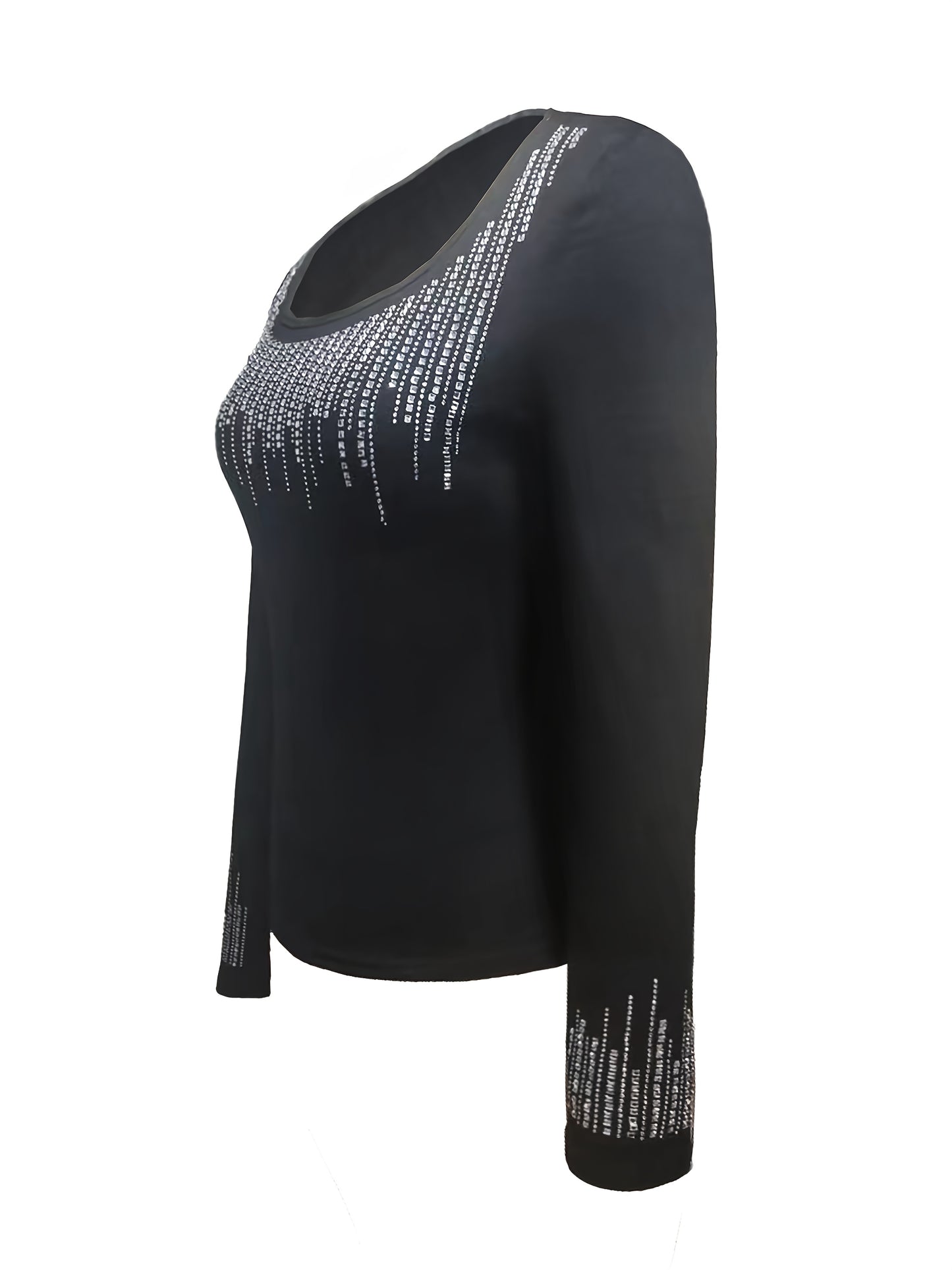 Long Sleeve Spandex Knit Fabric Rhinestone Embellished Top