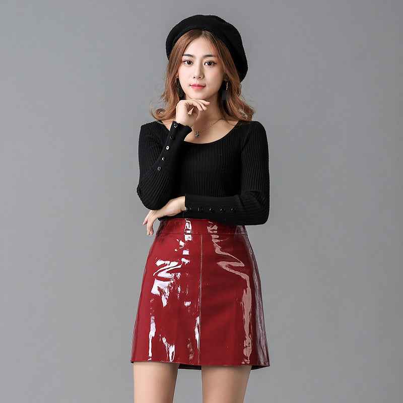 A- Line Patent Leather High Waist Skirt