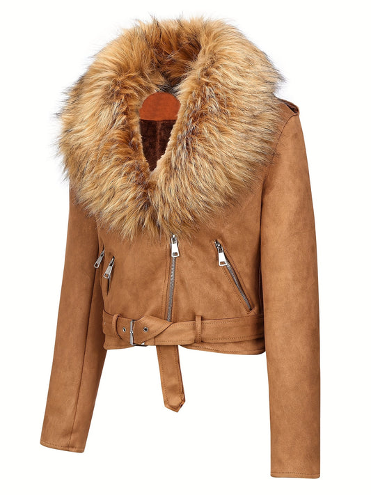 Faux Suede Short Jacket with Faux Fur Collar
