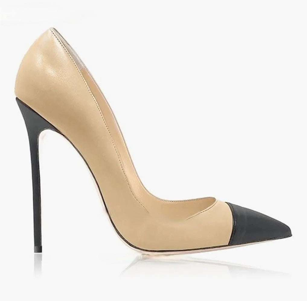 Nude/Black Matte Leather 12cm Thin High Heeled Pumps - Your Shiny Clothes