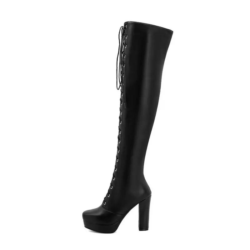 PU Leather Over the Knee Square Heel Platform Boots - Your Shiny Clothes