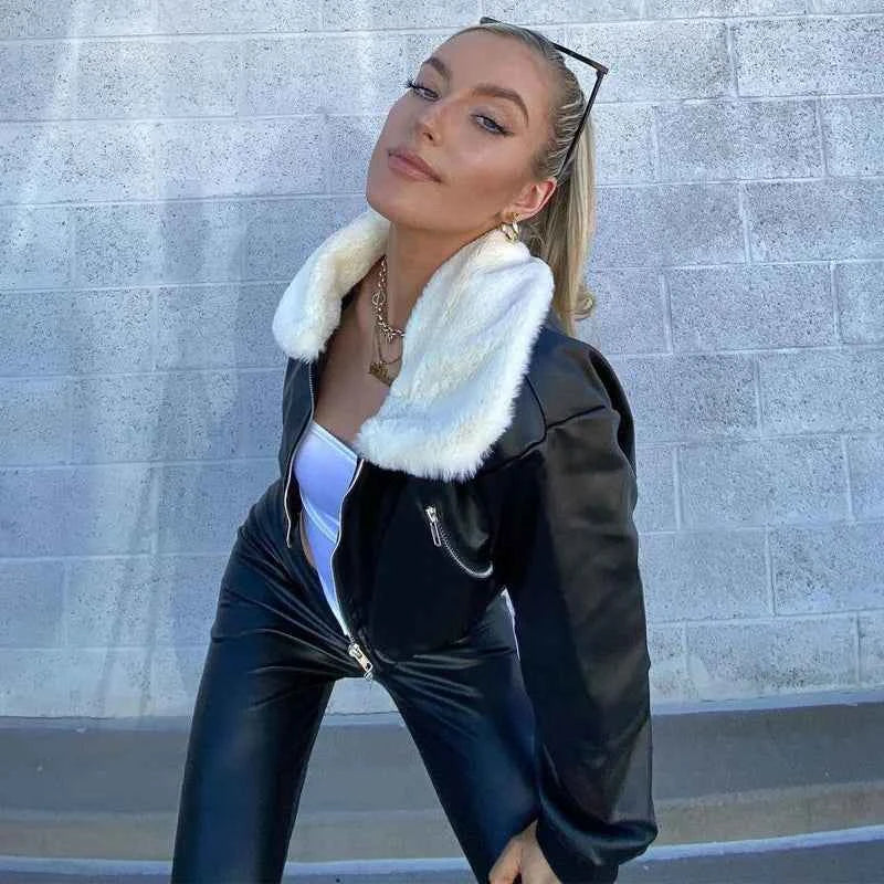 Cropped Thick Faux Leather Zipper Jacket With Faux Fur Collar