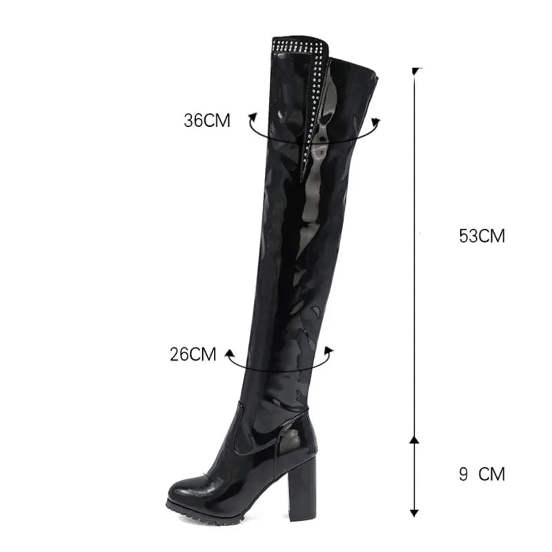 Shiny Patent Leather Square Heel Over The Knee Boots